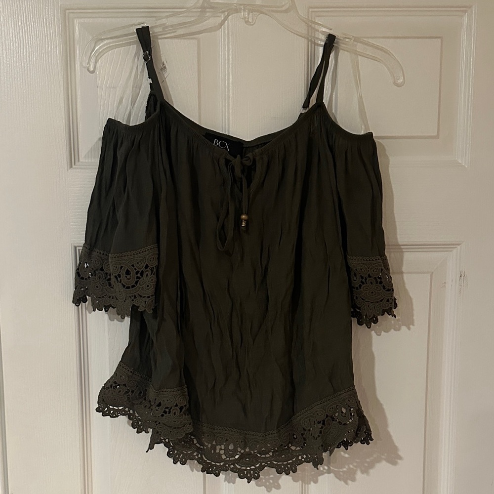 BCX Dark Green Lace Trim Cold Shoulder Blouse